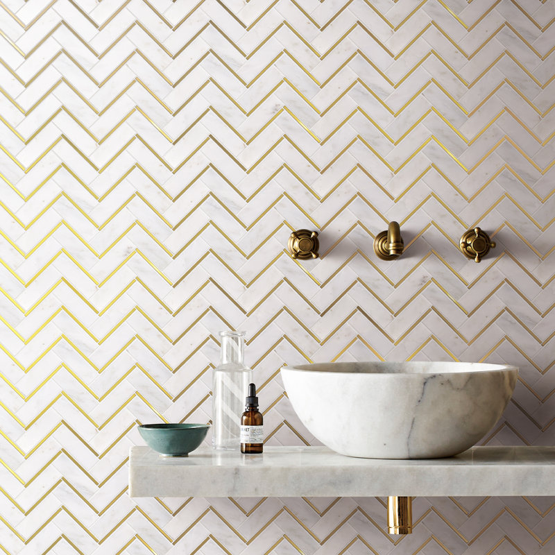 Natural 10.71 in. x 11.07 in. Herringbone Polished Marble Mosaic Tile, White/Gold