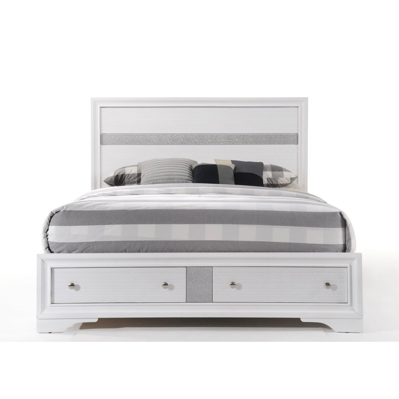 Grand lit de rangement blanc - Acrylique et placage sans sommier requis 5 pieds de support 2 tiroirs avec butée à profil bas en bois Capacité de poids de 660 lb et limite de 20 lb