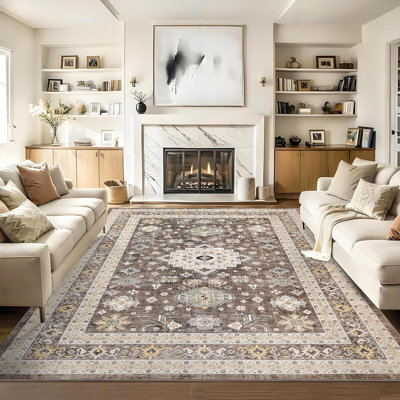 2x6 Hallway Runner Rug, Low Pile Washable Vintage Oriental Floral Carpet with Rubber Backing for Entryway, Bedroom, Hall, Kitchen, Beige