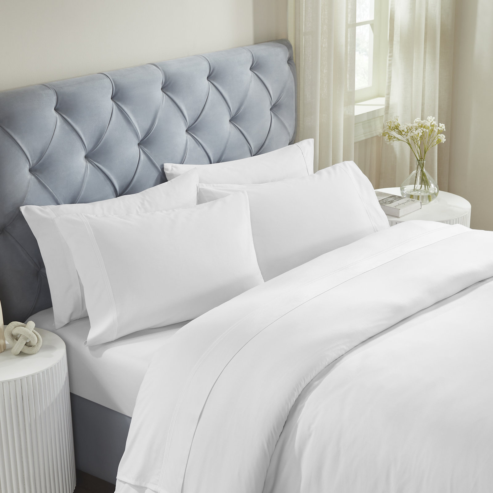 Two-Line Embroidered Cotton Sheet Set, California King Sheet Set with 2 Pillowcases, White