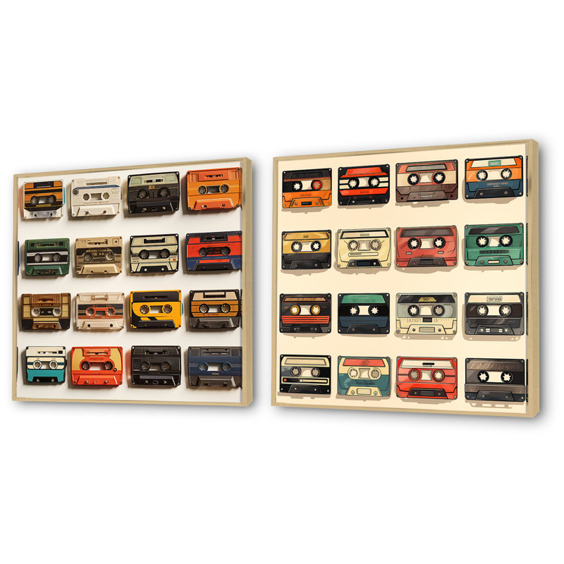 Retro Cassette Tape Collection I - Cassette Tapes, ensemble de 2 reproductions d'art sur toile, Cadre flottant brun