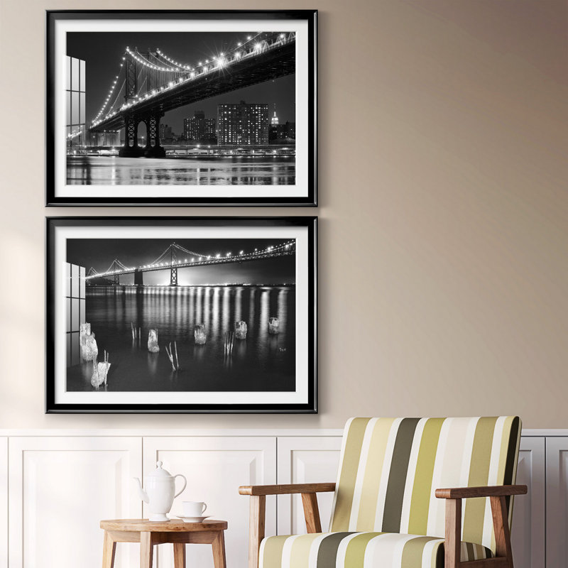 East River Lights - 2 Piece Single Picture Frame Print Set on Canvas, 26.5" H x 36.5" W x 1" D, Black, No Mat