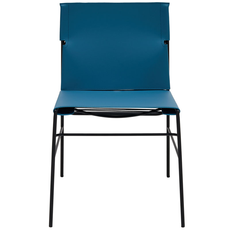 Chaise de salle à manger en cuir recyclé Naghmeh avec surpiqûres et structure en acier noir, bleu, Bleu