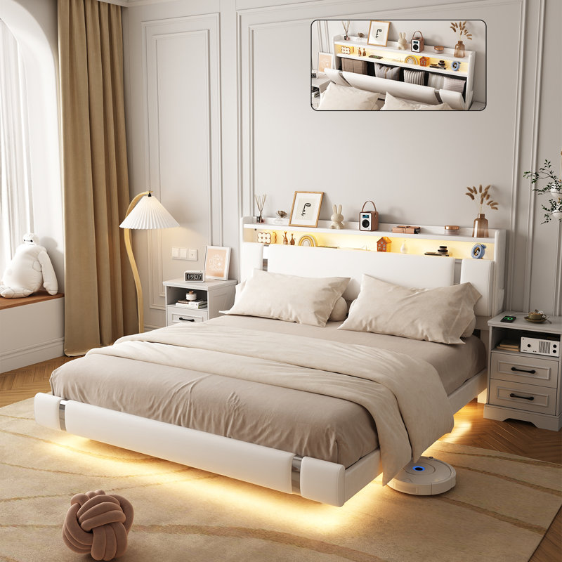 Komor Upholstered Storage Bed with Charging Station and LED Lights, Full, White