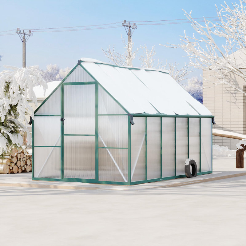 8x12 FT Polycarbonate Greenhouse, Heavy Duty Aluminum Frame with Quick Setup & Roof Vent, Large Walk-In Kit for All-Season Backyard Gardening - Green