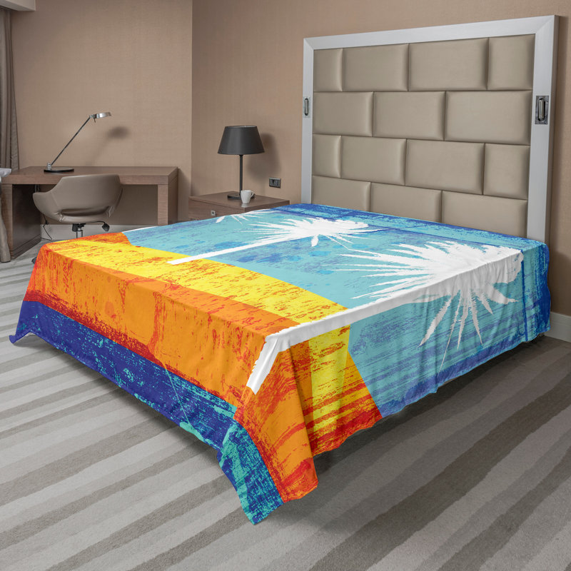 Drap abstrait Ambesonne Tropic Beach Palmiers orange bleu blanc, Drap plat de taille très grand