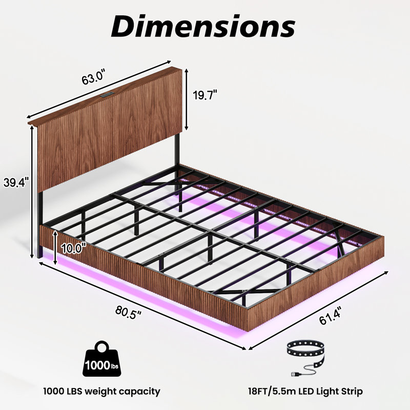 Queen Size Walnut Floating Bed with Wavy Headboard, LED Lights & Charging Station, Heavy Metal Frame, No Box Spring Needed