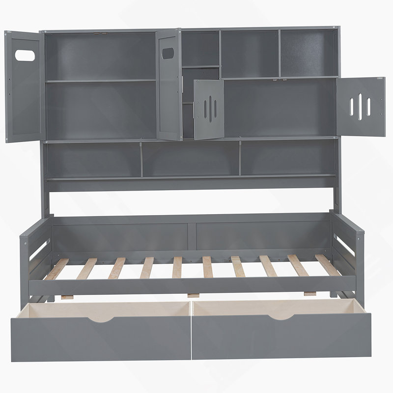 Lit de jour simple en bois avec 2 tiroirs, armoire et tablette tout-en-un, gris, Gris, Simple
