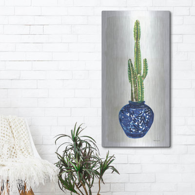 «Cacti in Blue Pot 1» par Stellar Design Studio, art mural en métal, 12 po x 24 po