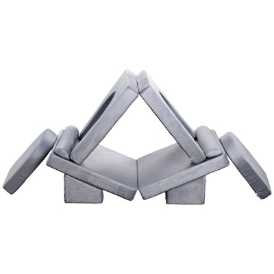 Gray Modular Couch 10 Pcs - Soft Skin Cover, High Density 28d Foam, Transforms Into Cars Castles Floor Beds, Wide Low Center Base, Zippers Fleece, Foam Support, Creates Slides, Base For Stability,