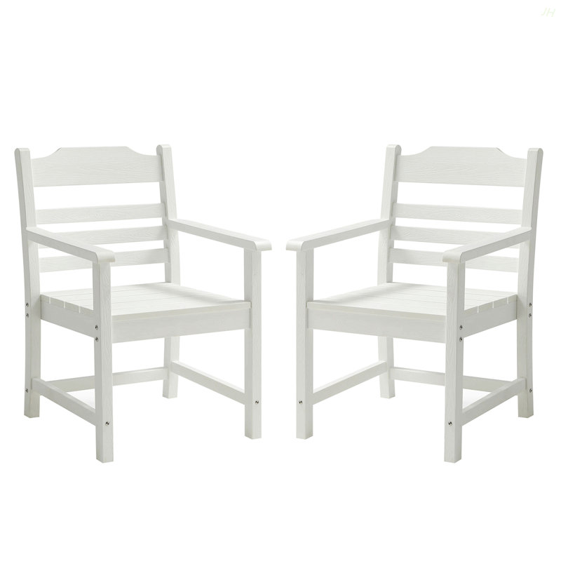 Patio Dining Chair With Armset Set Of 2, Pure White With Imitation Wood Grain Wexture,HIPS Material, White