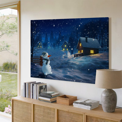 Toile, une scène hivernale fantaisiste mettant en vedette un bonhomme de neige joyeux orné d'une décoration murale