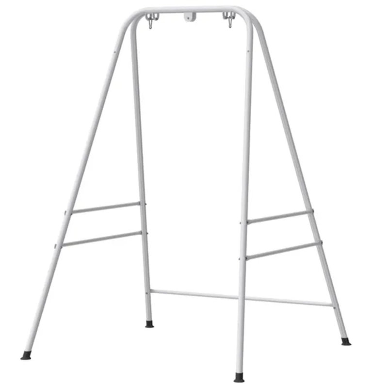 Support pour fauteuil hamac en acier thermolaqué blanc, structure de balancelle extérieure avec mousquetons et patins antidérapants, capacité de charge de 150 kg