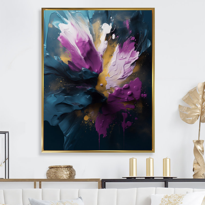 «Mauve et bleu, réalités sur toile I», art abstrait encadré, H 32 po x l 24 po x P 1 po, Cadre flottant doré