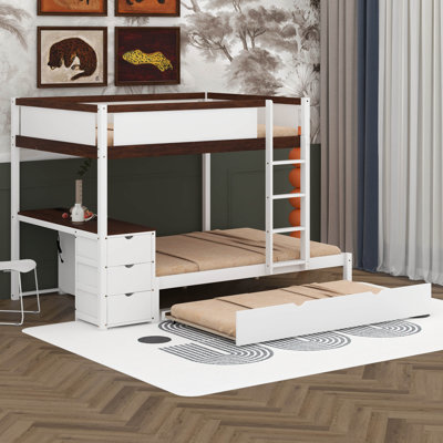 Full Over Full Bunk Bed With Twin Size Trundle, Solid Wood Bunk Bed With Desk, Storage Drawers For Kids Teens