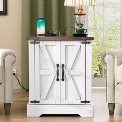 ON-TREND Farmhouse End Table With Charging Station, Rustic Wood Nightstand With Adjustable Shelf, 19.6"W Versatile Walnut Sofa Side Table With Barn Doors & Retro Hinges For Bedroom, Living Room, White