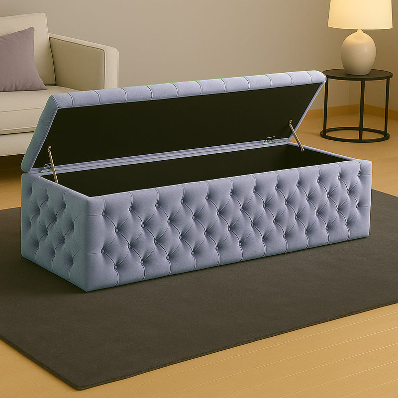 Lux Wide Velvet Chesterfield Rectangle Solid Color Standard Ottoman Box with Storage, Duck Egg, 120cm W x 42cm D x 40cm H
