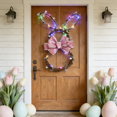 Easter Bunny Shaped Wreath Suitable For Front Door Hanging Window Display Or General Easter/spring Decoration Features String Lights Bow And Bunny Ear