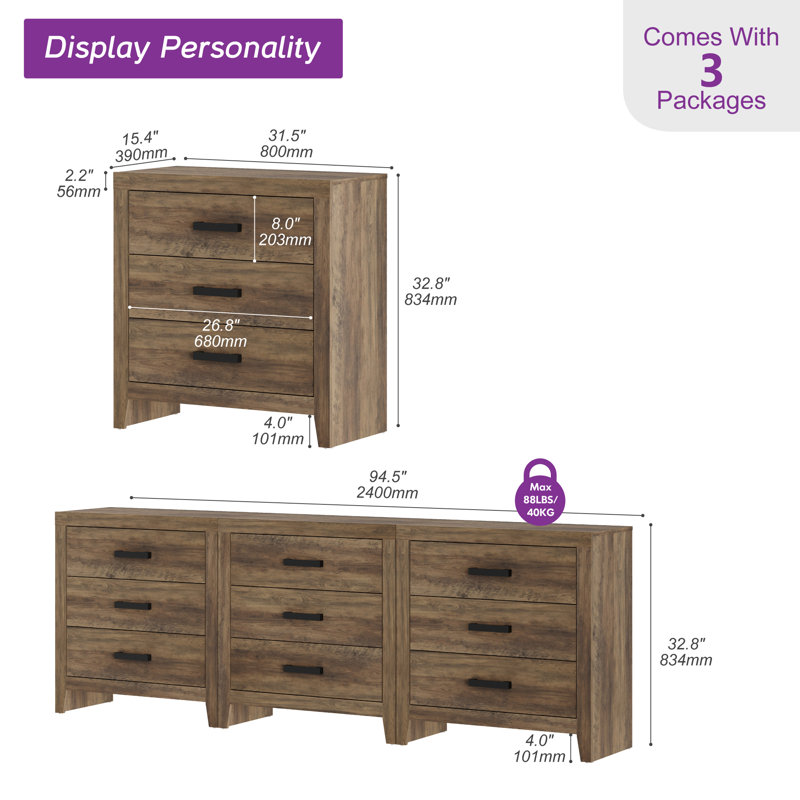 Farmhouse 3 Drawer Dresser Set Of 3, Large 9 Drawer Dresser For Bedroom, Wooden Chest Of Drawers Closet Storage Organizer For Bedroom, Hallway, Living Room, Living Room, Hallway, Brown