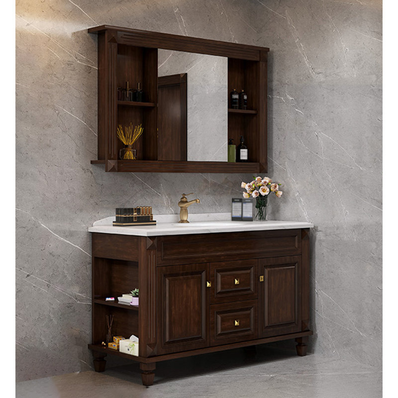 Meuble-lavabo en bois d'hévéa de style américain avec comptoir en marbre et lavabo en céramique intégré American Country