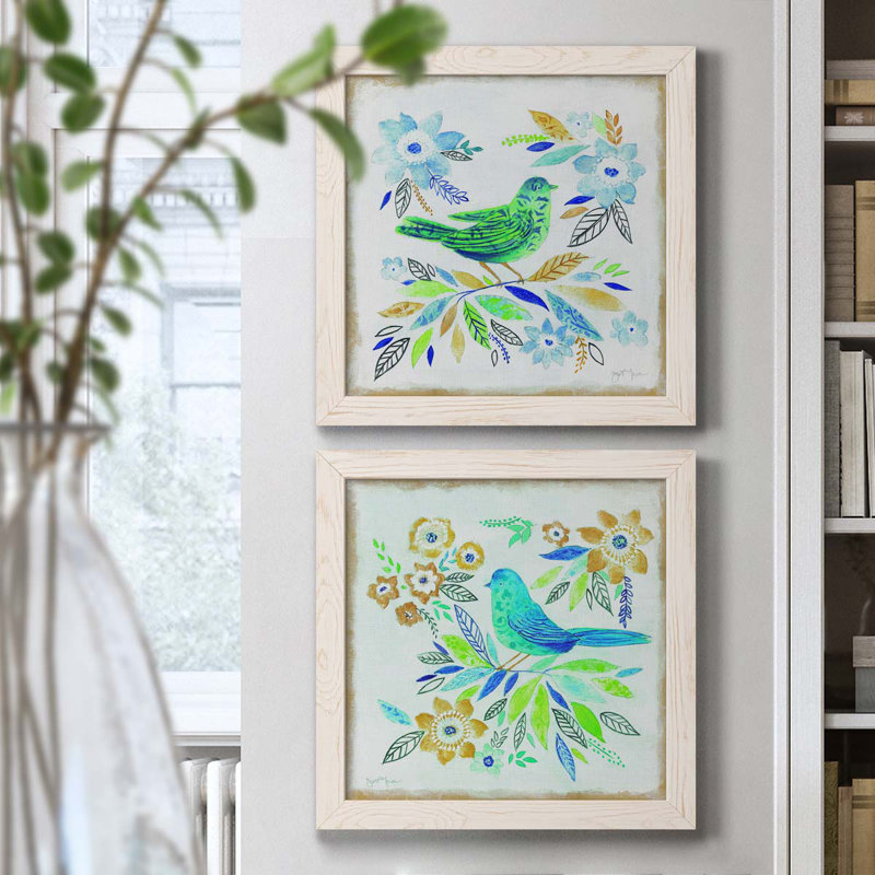 Oiseau Chanteur I - ensemble de 2 peintures sur toile encadrées, H 17 po x l 34 po x P 1,5 po, Cadre blanc