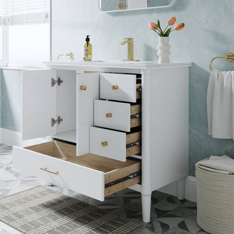 Meuble-lavabo en bois massif l 36 po x H 34,1 po avec lavabo en céramique Cupc, charnières à fermeture en douceur et poignées en aluminium anodisé doré