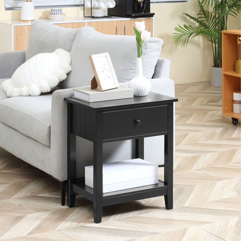 Table de bout, table d'appoint à 2 niveaux avec tiroir et tablette de rangement, table d'appoint moderne pour chambre à coucher, salon, noir