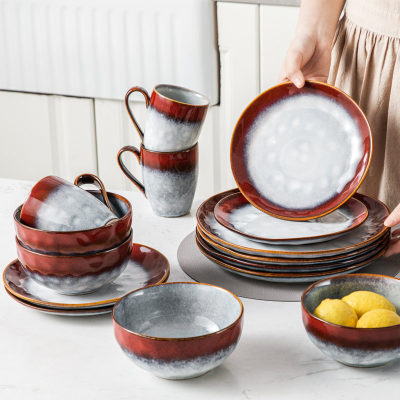 ?16 Piece Dinnerware Set, Service for 4, Red/Blue