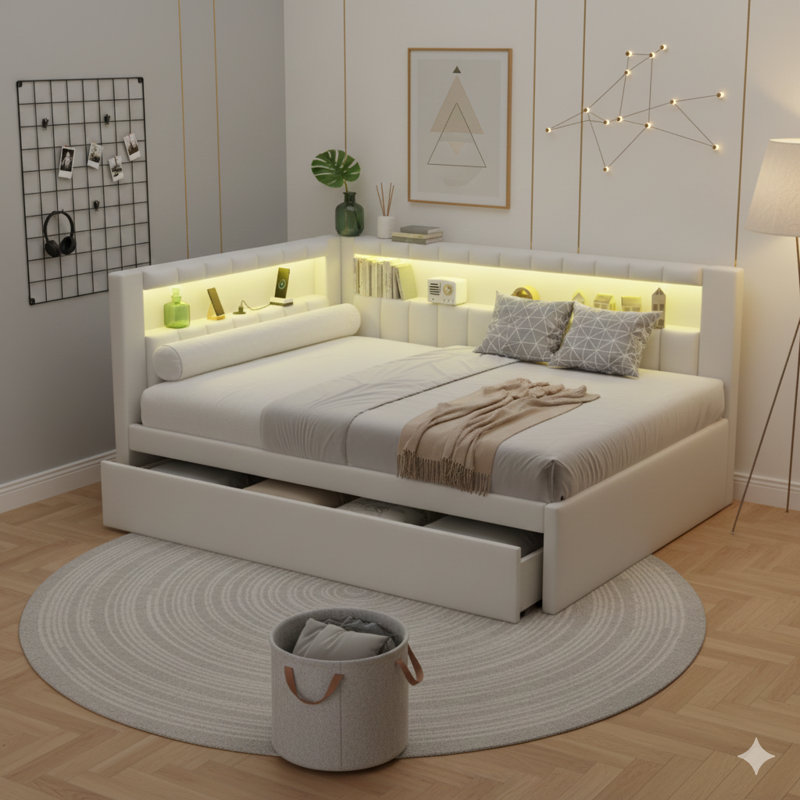 Upholstered Full-Sized Platform Bed With USB Ports And An LED Light Belt, Includes A Trundle, In White.