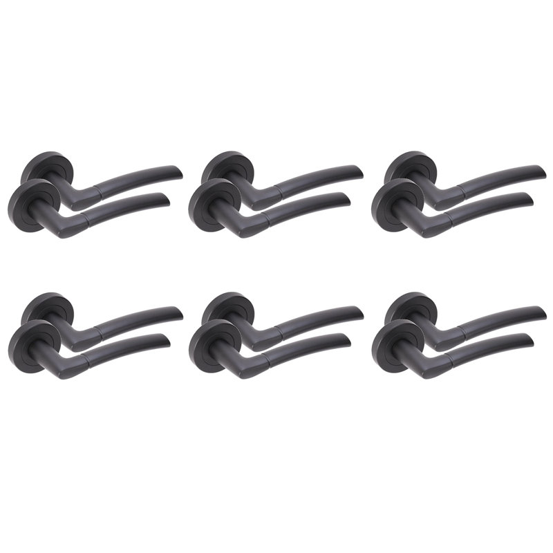  6 Pairs Indiana Style Modern Lever Latch Door Handles Set on Round Rose in Matt Black Finish