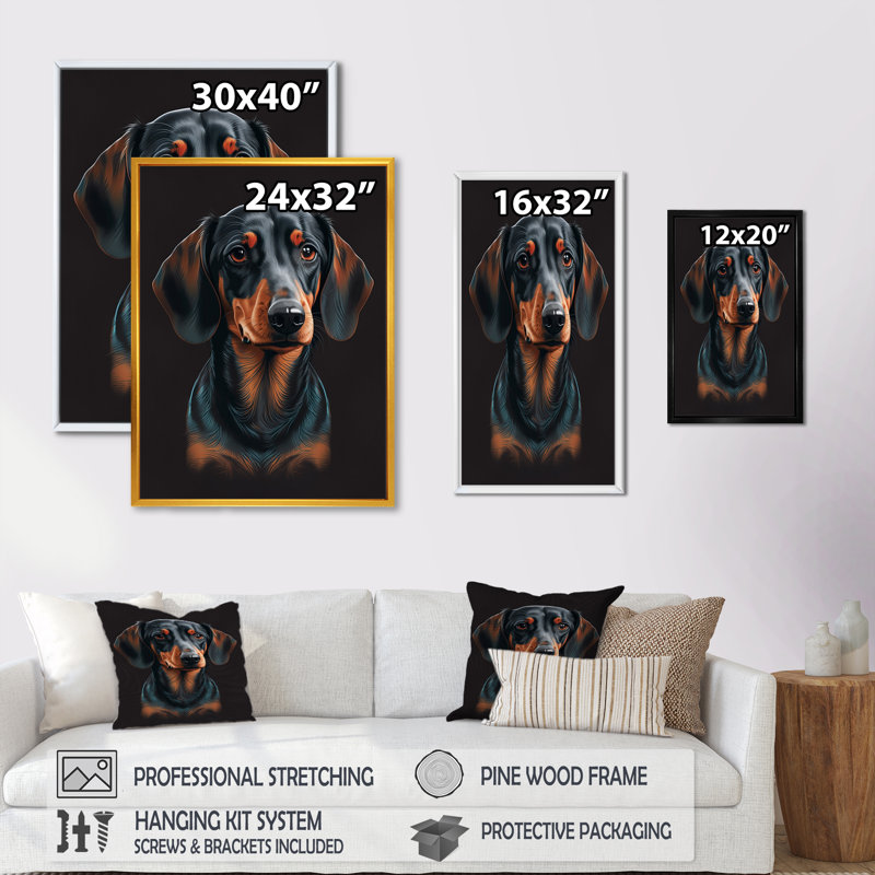 Portrait de teckel noir et brun - Reproduction d'art de chien teckel, H 32 po x l 16 po x P 1 po