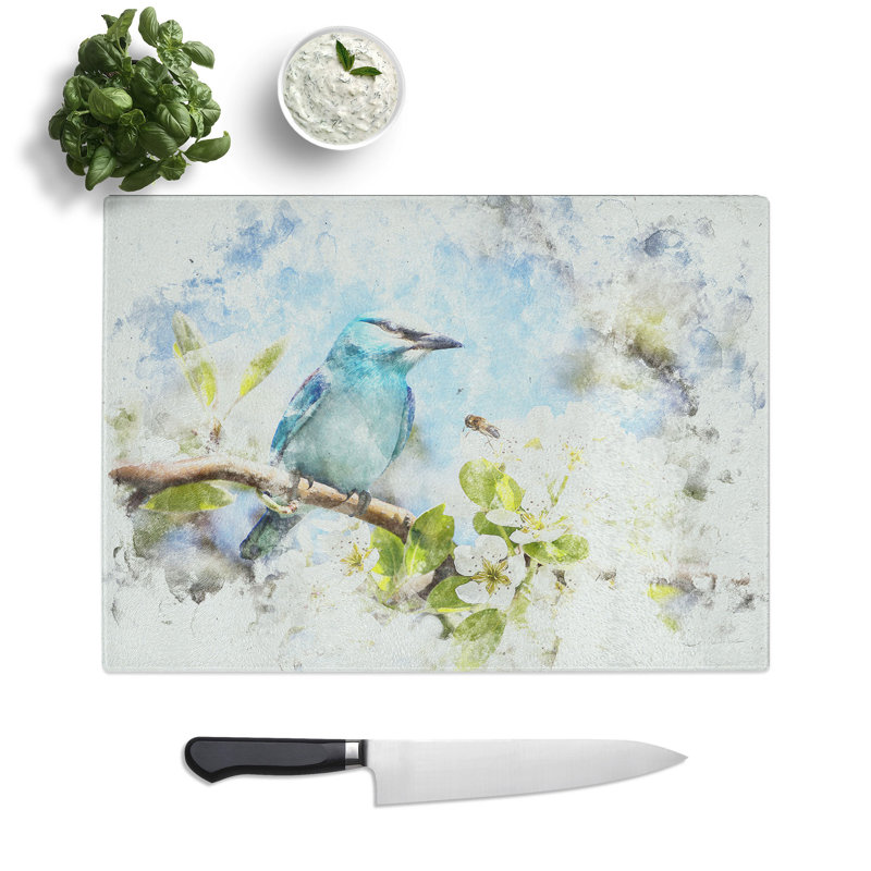 Tempered Glass Blue Bird and Cherry Blossom Tree Chopping Board, 28.5 cm x 39 cm