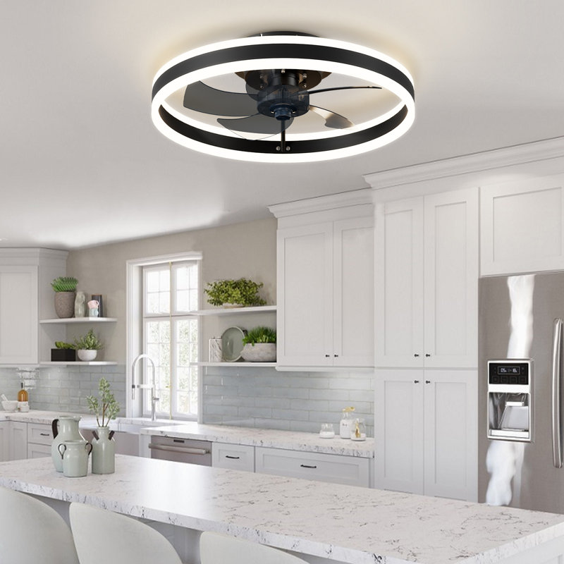 15.75" Low Profile Modern Style LED Ceiling Fan Light, APP+Remote Control, 6-Speed Fan, All Seasons, Black, 20", 1 Pack