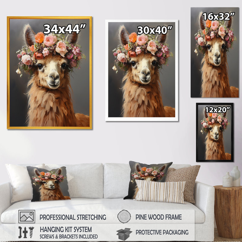 «Flower Crown Llama Wonder I», art mural lama, Cadre doré simple, H 40 po x l 30 po x P 1,5 po