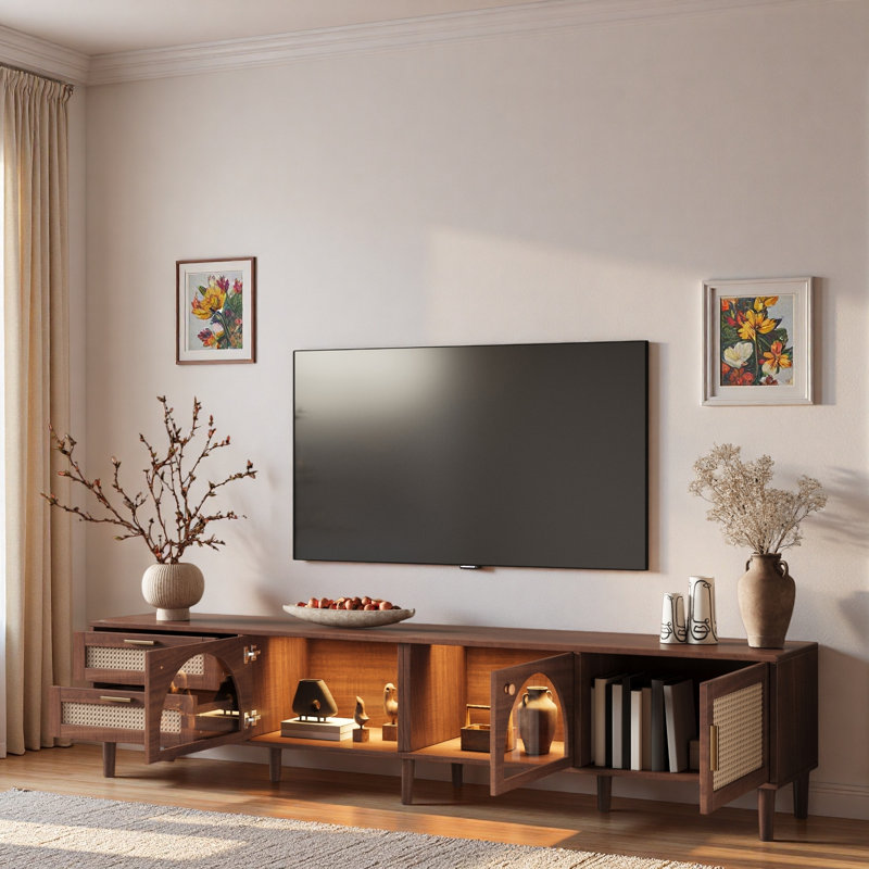 Meuble télé moderne avec lumières DEL contrôlées par l'application, 2 tiroirs et rangement pour porte en verre