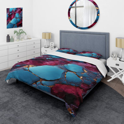 Ensemble de housse de couette bleu et mauve sans soudure Marble River II - formes modernes abstraites
