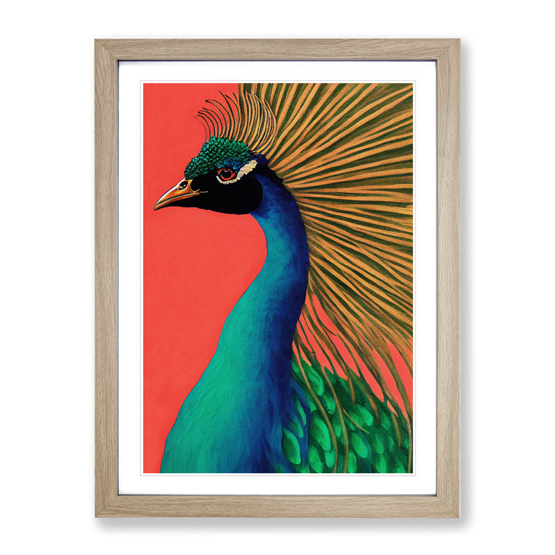 Attractive Peacock - Single Picture Frame Painting, 64cm H x 46cm W x 2cm D, Oak Framed