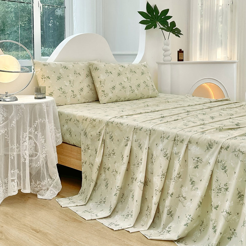 Ensemble de draps 100% coton, Ensemble de draps pour grand lit avec 2 taies d'or, Motif floral jaune