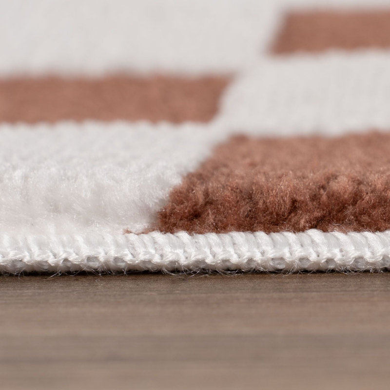 Loft Modern Checkerboard Living Room Area Rug and Runner Soft Pile, Runner 80 x 300 cm, Orange/Ivory