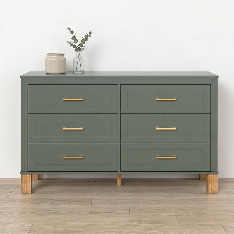 Heavy-Duty Wooden 6-Drawer Double Dresser, Olive Green