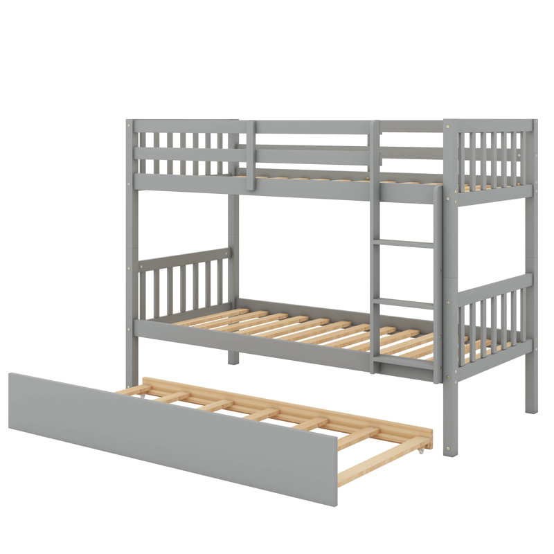 Lit superposé en bois d'hévéa avec lit gigogne extensible, transformable en deux lits séparés, Gris