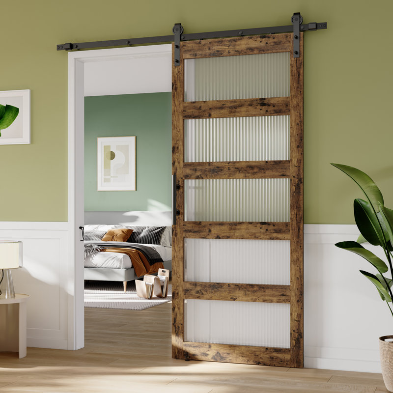 Porte de grange coulissante en verre givré de 84 po avec quincaillerie, portes intérieures de ferme avec poignée et serrure Compatible Products