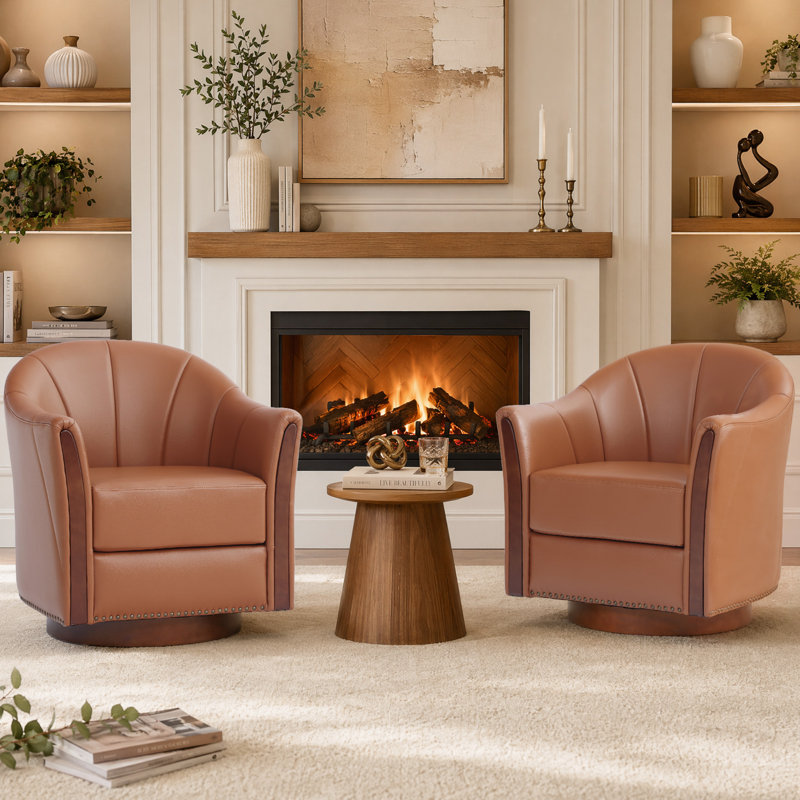 Fauteuil demi-tonneau pivotant en cuir moderne avec base en bois massif (ensemble de 2), Brun