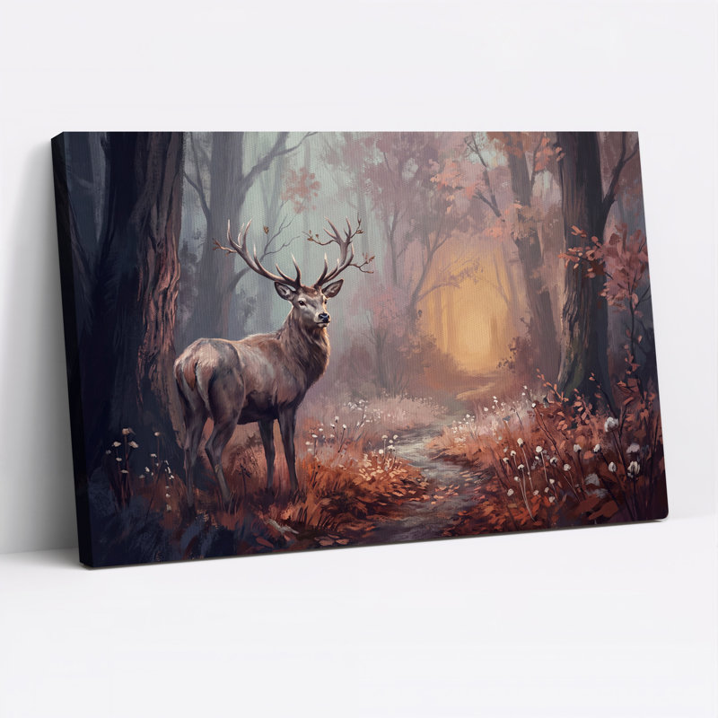 «Brown Stag debout dans une forêt d'automne brumeuse», art mural sur toile, H 18 po x l 24 po