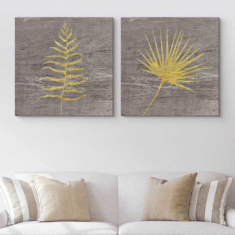 Minimal Botanical " Yellow Ferns Wood Effect Canvas " 2 - Pieces, 24" H x 24" W x 4.75" D
