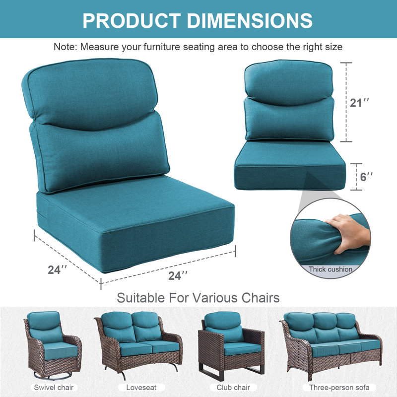 Deb Outdoor Patio Crescent Shape 6" Thick Seat & Back Furniture Cushion Set With Removable Cover, Peacock Blue, 2