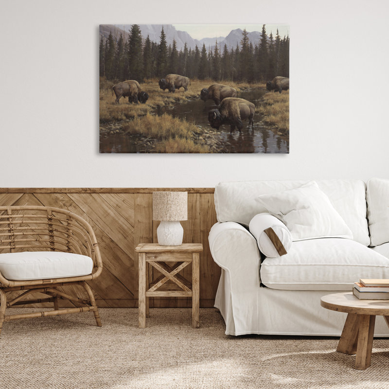 Art mural sur toile, "Wild Bison Grazing at Stream", par Paco Young, H 30 po x l 45 po