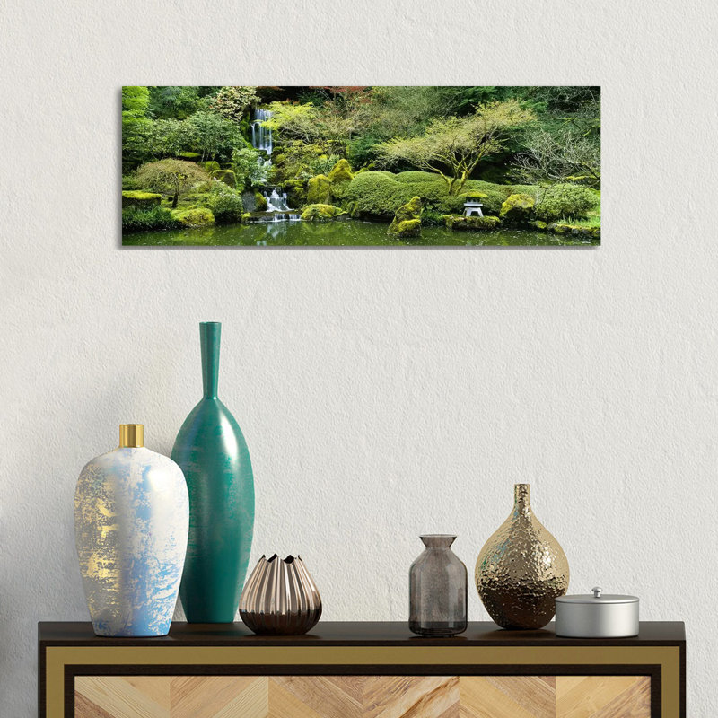 Waterfall In A Garden, Japanese Garden, Washington Park, Portland, Oregon, USA - Wrapped Canvas Panoramic Print