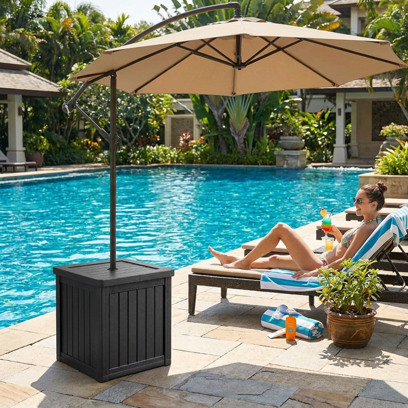 19" Square Outdoor Umbrella Stand Side Table, Multi-Functional Patio Storage Box Planter with Umbrella Hole & Drainage Hole