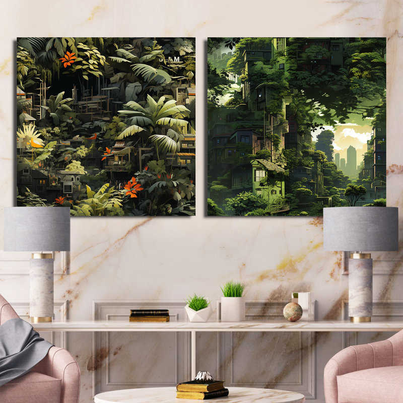 Brundage - Ensemble de 2 collages carrés tropicaux, H 36 po x l 73 po, Toile tendue